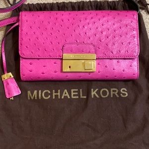 Michael Kors ostrich print pink leather clutch crossbody